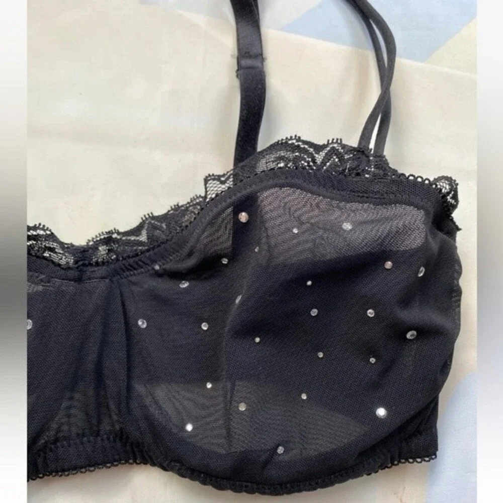 H&M Balcony Bra U/Wired Non-Padded W/ Rhinestone Sexy Mesh & Lace 34D Black VTG